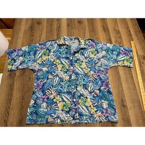 Cabrais Shirt Womens Size 2XL Blue White Green Floral Button Up Padded Shoulders